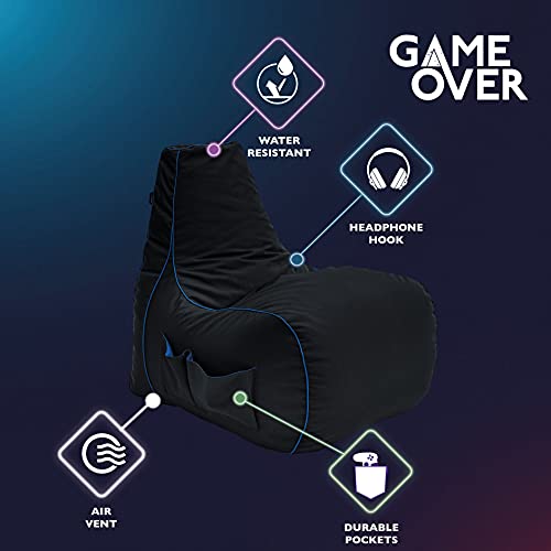 Game Over Crepúsculo Princesa Puff Pera para Video Juegos | Sala Interior | con Bolsillos Laterales para Controles | Soporte para Auriculares | Diseño Ergonómico (Relámpago Cerúleo)