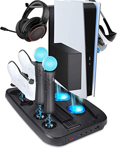 GameHome Soporte Vertical Compatible para PlayStation 5, VR Stand, Ventilador de Refrigeración, Estación de Carga Cargador de Controlador DualShock, 4x USB Hub, Mando Charger Compatible para PS5