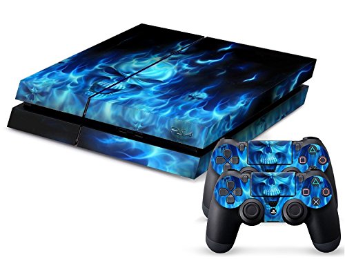 Gaminger Playstation 4 - Kit de Skins (Fundas Adhesivas) para Consola + 2 mandos de Control – Blue Fire Skull