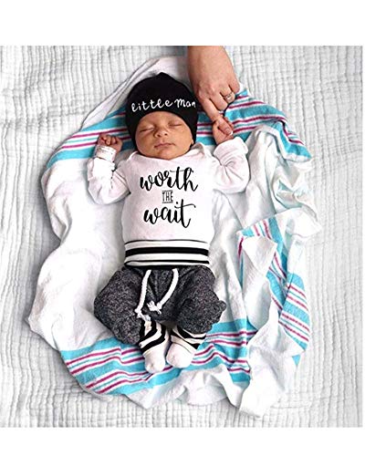 Geagodelia - Conjunto de ropa para recién nacido, 3 piezas, diseño de letra estampada + pantalón + sombrero, blanco, 3-6 meses