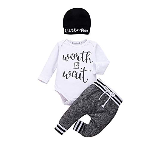 Geagodelia - Conjunto de ropa para recién nacido, 3 piezas, diseño de letra estampada + pantalón + sombrero, blanco, 3-6 meses