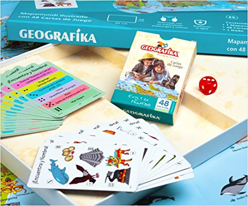 Geografika. Juego de Mesa Familiar con Mapamundi ilustrado. Diviértete aprendiendo Datos del Mundo, como países, Animales y Lugares Famosos. Versión en Español