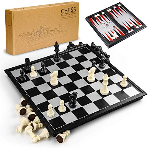 Gibot 3 en 1 Tablero de Ajedrez,31.5CM x 31.5CM Tablero de Ajedrez, Magnético con Ajedrez para niños y Adulto,Damas,Backgammon ,Tablero de Juego Plegable y Portátil para Viajar,Blanco y Negro