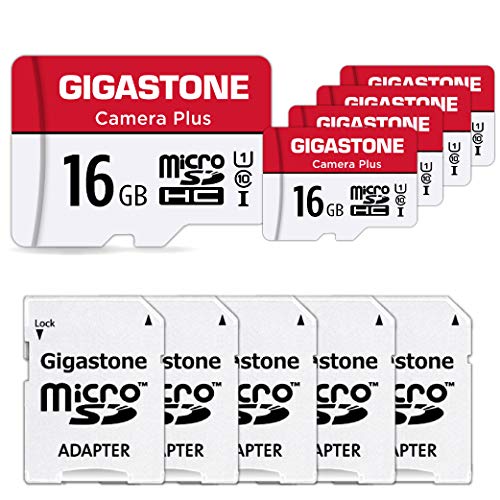 Gigastone 16GB Tarjeta de Memoria Micro SD, Paquete de 5, Camera Plus 85MB / s, Video Full HD, Tarjeta de Memoria U1 C10 Clase 10 Micro SDHC UHS-I, con Adaptador MicroSD a SD