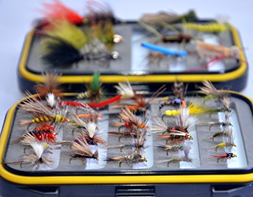 Go-to Dry Fly, Wet Fly, Nymph and Streamer Fly Lure Assotment + Waterproof Fly Box for Trout Fly Fishing Flies by Outdoor Planet