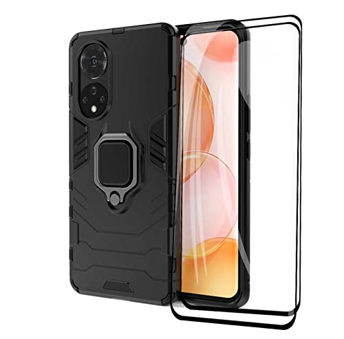 GOKEN Funda para Honor 50 y 2 Cristal Templado, PC + TPU Silicona Tough Armor Protección Carcasa, Robusta Antigolpes Estuche con 360° Magnético Anillo Kickstand, Negro