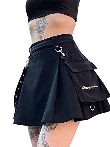 Gothic Punk Mini Skirts,Women Mini Pleated Skirt Black Y2K Goth Skirt High Waist Aesthetic A-Line Flared Kawaii Harajuku (Black 2, Small)
