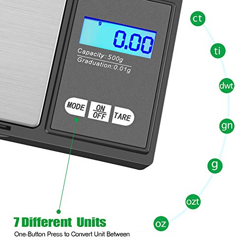 GPISEN Báscula Digitales de Precisión,Balanzas de Portátiles, Báscula de Joyería,con Pantalla LCD y 7 Unidades,Plataforma de Acero Inoxidable, Función de Tara, para Cocinar, Café-500g x 0.01g