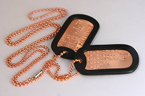 Graphotype™ De perro de cobre etiquetas: juego de perro estilo ejército ID 2 etiquetas de personalizado de tu propio con cadenas de cobre de punta de bola y negro silenciadores, con grabado de tu mensaje