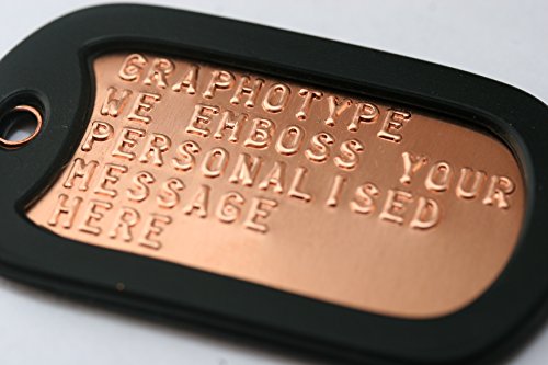 Graphotype™ De perro de cobre etiquetas: juego de perro estilo ejército ID 2 etiquetas de personalizado de tu propio con cadenas de cobre de punta de bola y negro silenciadores, con grabado de tu mensaje