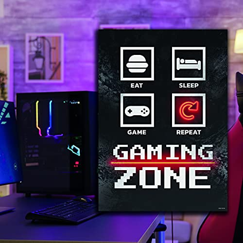 GREAT ART® Gaming Póster Negro Rojo - Eat Sleep Game Repeat - Consola videojuegos, controlador iconos, decoración pared hogar (Din A2 42 x 59,4 cm)