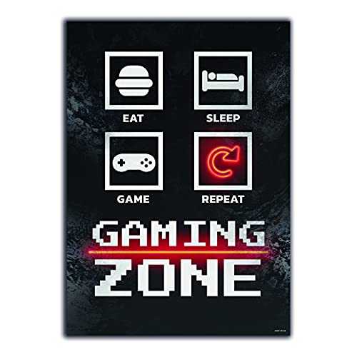 GREAT ART® Gaming Póster Negro Rojo - Eat Sleep Game Repeat - Consola videojuegos, controlador iconos, decoración pared hogar (Din A2 42 x 59,4 cm)