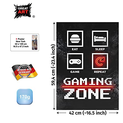 GREAT ART® Póster del juego impreso en ambas caras - Eat Sleep Game Repeat – Consola juvenil Iconos videojuegos Zona de juegos decor de pared (DIN A2 42 x 59,4 cm)