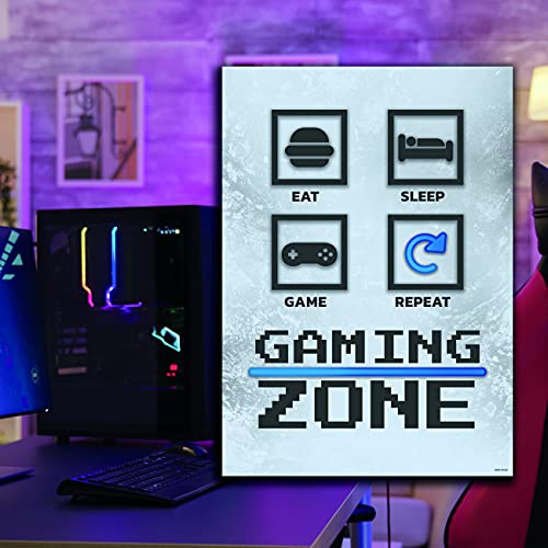 GREAT ART® Póster del juego impreso en ambas caras - Eat Sleep Game Repeat – Consola juvenil Iconos videojuegos Zona de juegos decor de pared (DIN A2 42 x 59,4 cm)