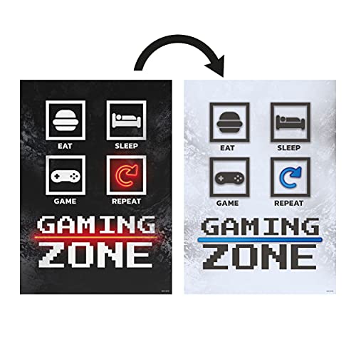 GREAT ART® Póster del juego impreso en ambas caras - Eat Sleep Game Repeat – Consola juvenil Iconos videojuegos Zona de juegos decor de pared (DIN A2 42 x 59,4 cm)