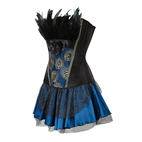 Grebrafan Corset Mascarada Corsé Plumas Pavo Real y Falda Conjunto (EUR(48-50) 6XL, Black Blue)