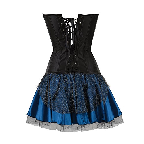 Grebrafan Corset Mascarada Corsé Plumas Pavo Real y Falda Conjunto (EUR(48-50) 6XL, Black Blue)