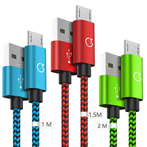 Gritin Cable Micro USB, 3-Pack [1M, 1.5M, 2M] 2.4A Micro USB Cable - Cable de sincronización Micro USB Trenzado de Nylon para Galaxy, Nexus, Kindle, HTC, LG, Sony, PS4 y más (Verde,Rojo,Azul)