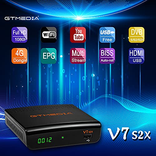 GT Media V7 S2X Receptor de TV por Satélite Decodificador DVB-S / S2 / S2X AVS +VCM/ACM/Multi-Stream / T2MI, Full HD 1080P Soporte Biss Auto Roll Youtube CC CAM/ con Antena WiFi (V7S HD Mejorada)