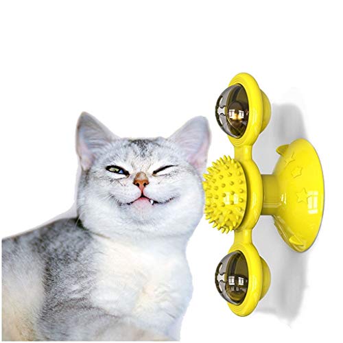 Guigui - Juguete interactivo para gato con ventosa portátil, cepillo de polvo de silicona, suave, lavable, para gatos, masajes, arañazos, pelo de gato, cepillo para gatos, amarillo