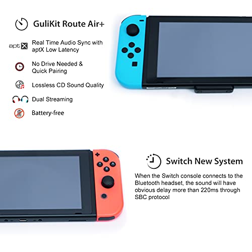 GULIkit Route Air+ Adaptador Bluetooth para Nintendo Switch/Switch Lite PS4 PC, Transmisor Bluetooth Audio con aptX de Baja Latencia Compatible con Airpods Bose Sony y Auriculares Bluetooth - Negro