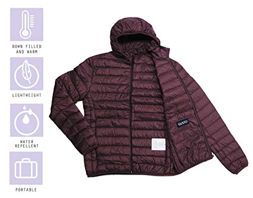 GUSTO Chaqueta de plumón Real para Hombre, Chaqueta Acolchada de Primavera con Capucha con Tratamiento Repelente al Agua (XL, Burgundy)