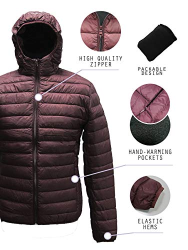 GUSTO Chaqueta de plumón Real para Hombre, Chaqueta Acolchada de Primavera con Capucha con Tratamiento Repelente al Agua (XL, Burgundy)