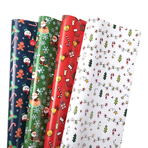 GWHOLE 16 Hojas Navidad Papel para Regalo 73 x 51 cm, Papel de Colores Embalaje Caja Tema Navidad Ideal para Preparar Regalos Arbol Navidad Envolver Cajas de Regalo, Rgalos de Intercambiar -4 Colores