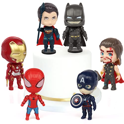 Gxhong Decoración de Pastel de Superhéroes,6pcs Mini Juego de Figuras Decoración para Tartas Avengers Cake Topper Mini Modelo de Spiderman Decoración Captain America, Iron Man, Batman, Thor, Superman