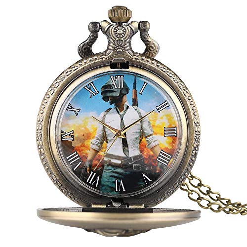 GYCS Atractivo Reloj de Bolsillo con Tema PUBG para Hombres, Relojes de Bolsillo Retro con Caja de Bronce para Hombres, hábil Reloj Colgante de Cadena Delgada de aleación para Mujeres