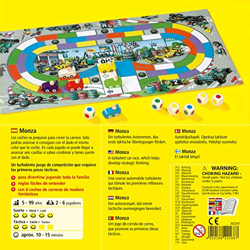 HABA HABA-302247 Monza - ESP (302247), Juego de Mesa de Dados, con una turbulenta Carrera de Coches para 2-6 niños de 5 años, para Aprender los Colores, Multicolor (4416)