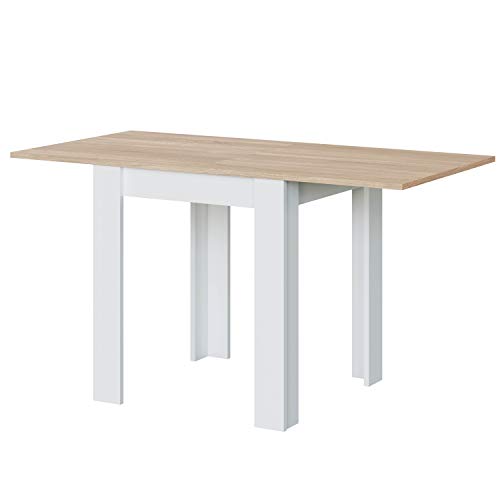 Habitdesign Mesa Auxiliar Extensible, Mesa Cocina, Acabado en Color Blanco Artik y Roble Canadian, Modelo Livre, Medidas: 67-134 cm (Ancho) x 67 cm (Fondo) x 79 cm (Alto)