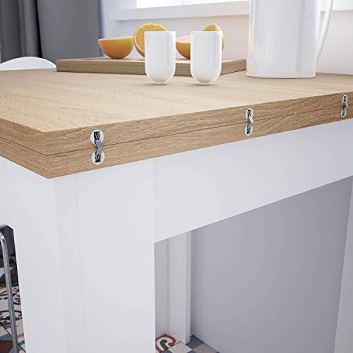 Habitdesign Mesa Auxiliar Extensible, Mesa Cocina, Acabado en Color Blanco Artik y Roble Canadian, Modelo Livre, Medidas: 67-134 cm (Ancho) x 67 cm (Fondo) x 79 cm (Alto)