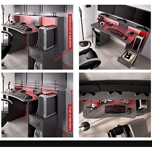 HABITMOBEL Mesa Gamers Ordenador Mueble Oficina o Gaming, Ancho 153,5cm Iluminacion Leds