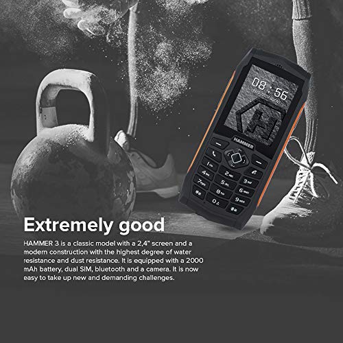 HAMMER 3 teléfono duradero para trabajar, Mega batería de 2000 mAh, Pantalla de 2.4", Resistente al agua (IP68), A prueba de golpes (IK05), Teléfono de botón, Linterna, Dual-SIM - Naranja
