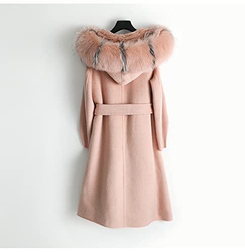HANTONGHAO Abrigo de tela de lana real para mujer, forro de piel de conejo lady Rex, cuello de piel de zorro, ocio, Otoño / Invierno, prendas de vestir largas de lana - 1, L