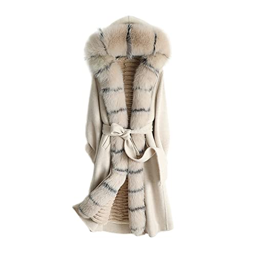 HANTONGHAO Abrigo de tela de lana real para mujer, forro de piel de conejo lady Rex, cuello de piel de zorro, ocio, Otoño / Invierno, prendas de vestir largas de lana - 1, L