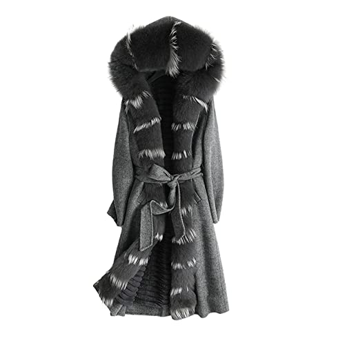 HANTONGHAO Abrigo de tela de lana real para mujer, forro de piel de conejo lady Rex, cuello de piel de zorro, ocio, Otoño / Invierno, prendas de vestir largas de lana - 1, L