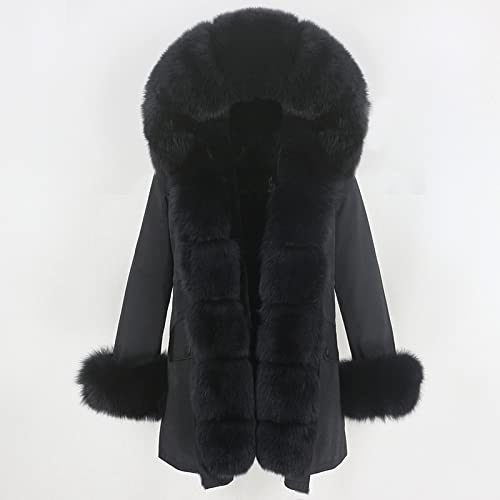HANTONGHAO Chaqueta de invierno de moda Abrigo de piel real para mujer Cuello de piel de zorro real natural Cuello suelto largo Parkas Abrigos de piel grande - negro negro blanco, XS