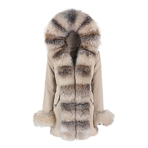 HANTONGHAO Chaqueta de invierno de moda Abrigo de piel real para mujer Cuello de piel de zorro real natural Cuello suelto largo Parkas Abrigos de piel grande - negro negro blanco, XS
