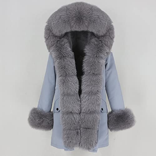 HANTONGHAO Chaqueta de invierno de moda Abrigo de piel real para mujer Cuello de piel de zorro real natural Cuello suelto largo Parkas Abrigos de piel grande - negro negro blanco, XS