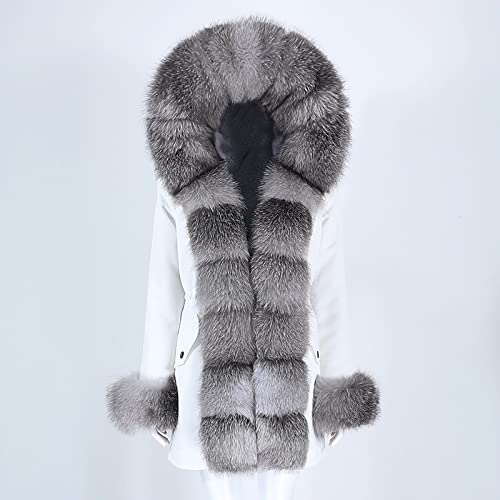 HANTONGHAO Chaqueta de invierno de moda Abrigo de piel real para mujer Cuello de piel de zorro real natural Cuello suelto largo Parkas Abrigos de piel grande - negro negro blanco, XS