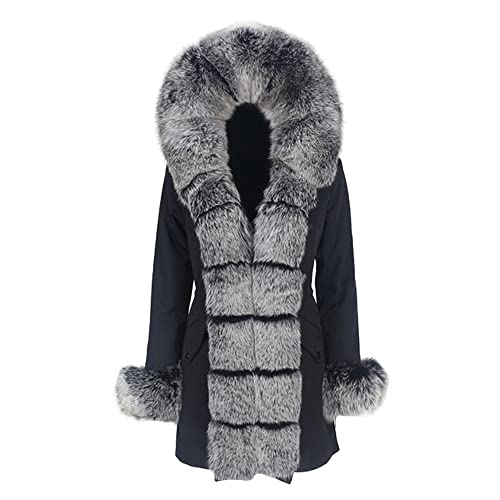 HANTONGHAO Chaqueta de invierno de moda Abrigo de piel real para mujer Cuello de piel de zorro real natural Cuello suelto largo Parkas Abrigos de piel grande - negro negro blanco, XS