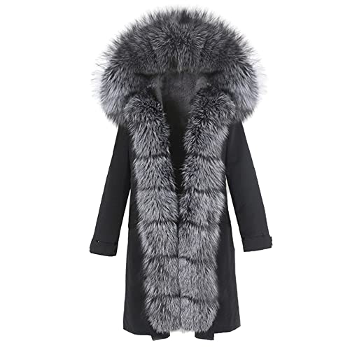 HANTONGHAO Parka impermeable Abrigo de piel real X-long Chaqueta de invierno Mujer Cuello de piel de zorro natural Prendas de abrigo gruesas y cálidas - oro negro, XXL
