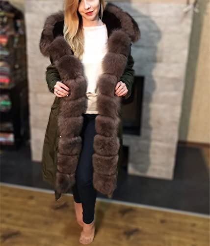 HANTONGHAO Parka impermeable Abrigo de piel real X-long Chaqueta de invierno Mujer Cuello de piel de zorro natural Prendas de abrigo gruesas y cálidas - oro negro, XXL