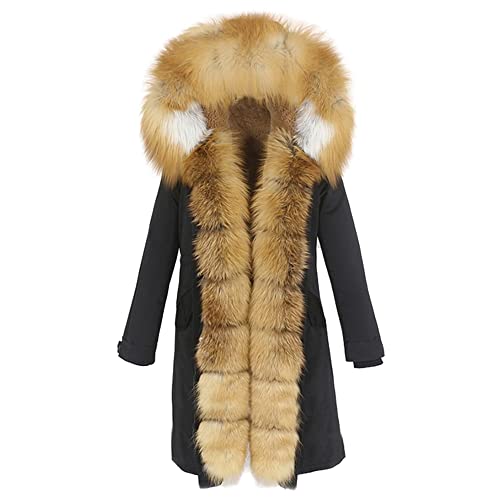 HANTONGHAO Parka impermeable Abrigo de piel real X-long Chaqueta de invierno Mujer Cuello de piel de zorro natural Prendas de abrigo gruesas y cálidas - oro negro, XXL