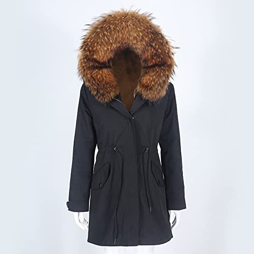 HANTONGHAO Parka larga impermeable Abrigo de piel real Chaqueta de invierno Mujer Cuello de piel de mapache natural Con capucha Grueso Cálido Desmontable - gris nuevo marrón oscuro, L