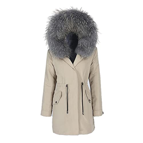 HANTONGHAO Parka larga impermeable Abrigo de piel real Chaqueta de invierno Mujer Cuello de piel de mapache natural Con capucha Grueso Cálido Desmontable - gris nuevo marrón oscuro, L