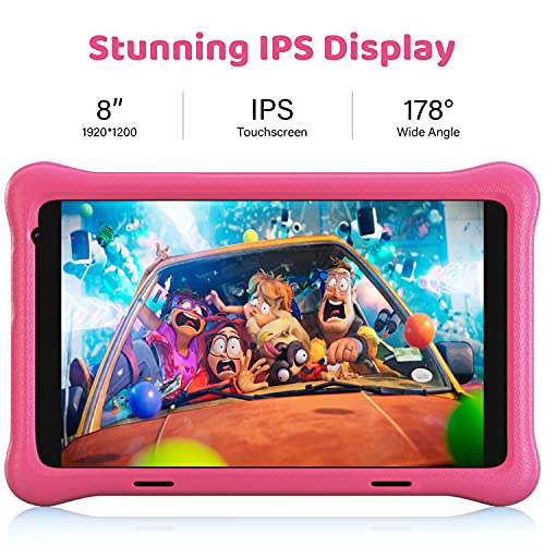 HAPPYBE Tablet Niños, 8 Pulgadas Android 10.0 Tablet PC para Niños, 2GB + 32GB, 1920 * 1200 Pantalla IPS FHD, QuadCore, Kidoz Preinstalado, WiFi, Bluetooth, Doble Cámara Tablet Infantil (Pink)
