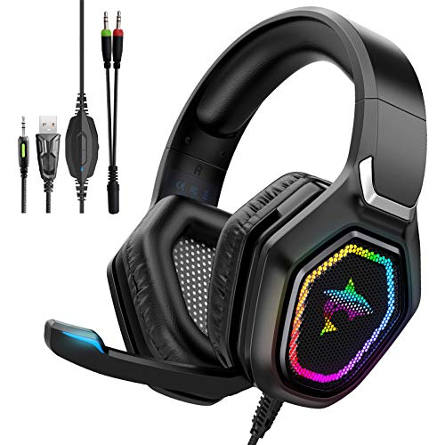 Havit Auriculares Gaming RGB Sonido Envolvente 3D, Control del Volumen y micrófono HD, Cascos Gaming para PS4 / PS5 / Xbox One/PC/Laptop